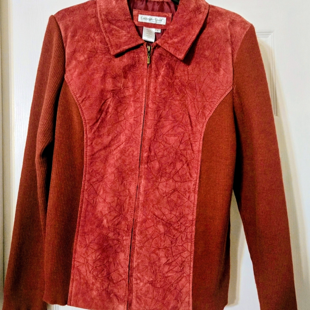 Coldwater Creek crimson suede and sweater hybrid zip-up jacket